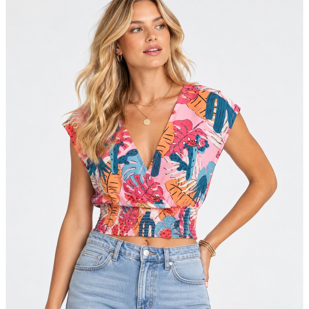 NWT Wrangler Retro Cactus Print Smocked Crop Blouse Women's Large Pink
